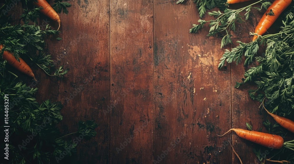 Poster rustic wooden background with fresh orange carrots and green foliage creating a natural and organic 