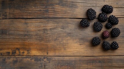 Naklejka premium Fresh blackberries scattered on rustic wooden table background with natural lighting showcasing vibrant colors and textures