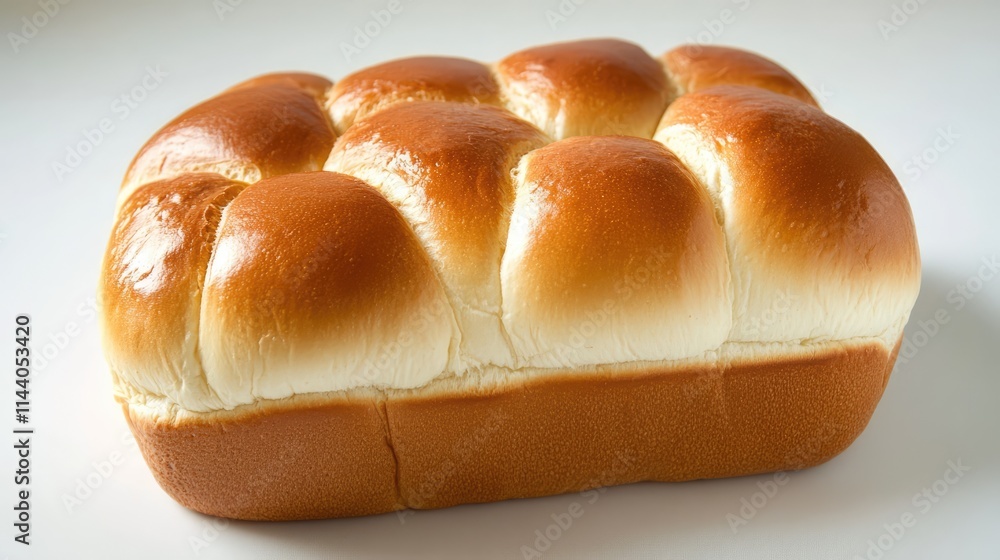 Poster golden brown soft bread loaf with glossy crust displayed against a simple white background ideal for