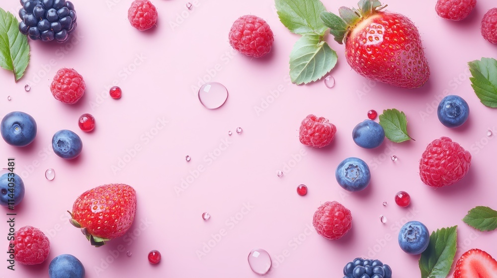 Poster vibrant assortment of fresh berries on pastel pink background with water droplets and mint leaves cr