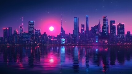 Neon Lit Urban Skyline in a Futuristic Vector Style
