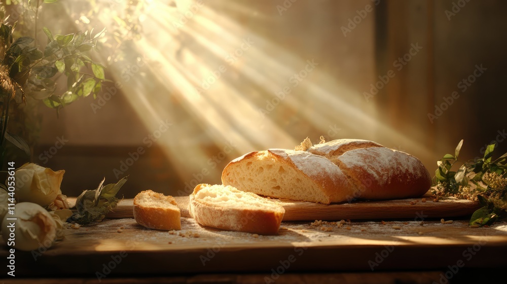 Poster rustic still life of fresh baguette on a wooden board illuminated by sunlight with slices and greene