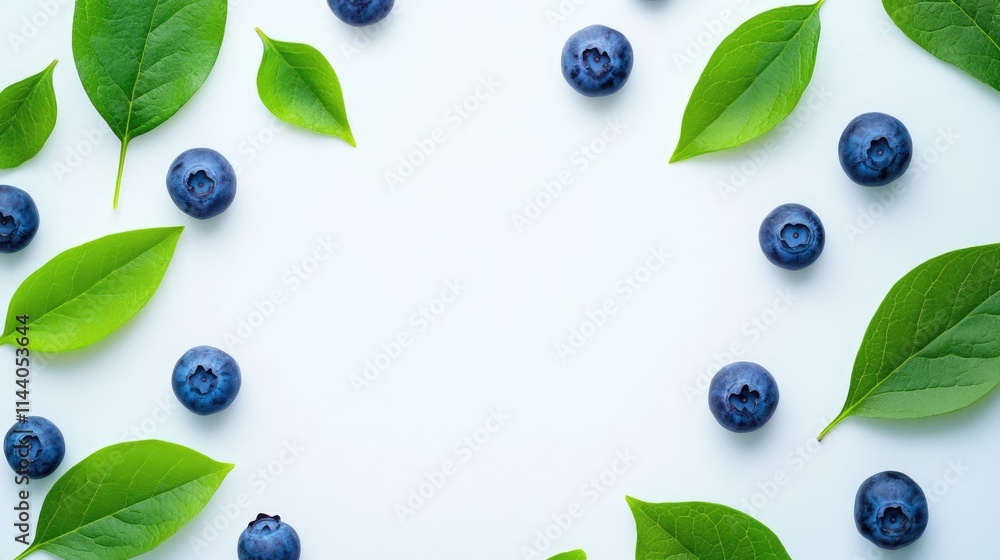 Poster Blueberries and green leaves arranged in a circular pattern on a clean white background creating a fresh and natural aesthetic.