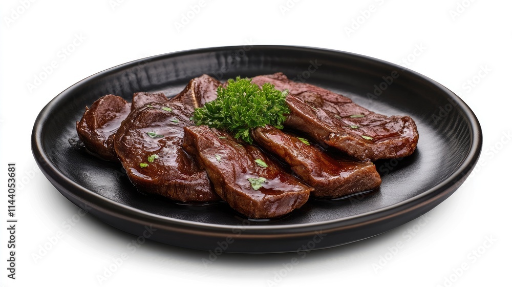 Poster beef tongue slices garnished with parsley on a sleek black plate isolated on a clean white backgroun