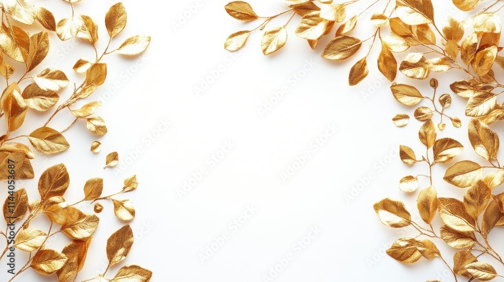 Poster elegant gold frame mockup adorned with decorative golden foliage on a pristine white background for 