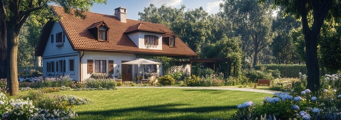 A picturesque white villa with a lush flower garden, sunny sky, and terracotta roof.