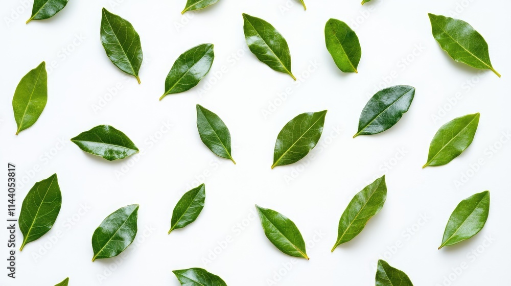 Aufkleber fresh bay leaves scattered on clean white background creating an aesthetic and vibrant culinary or h