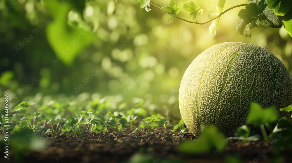 Poster fresh ripe melon growing in a lush garden setting with sunlight filtering through green leaves and a
