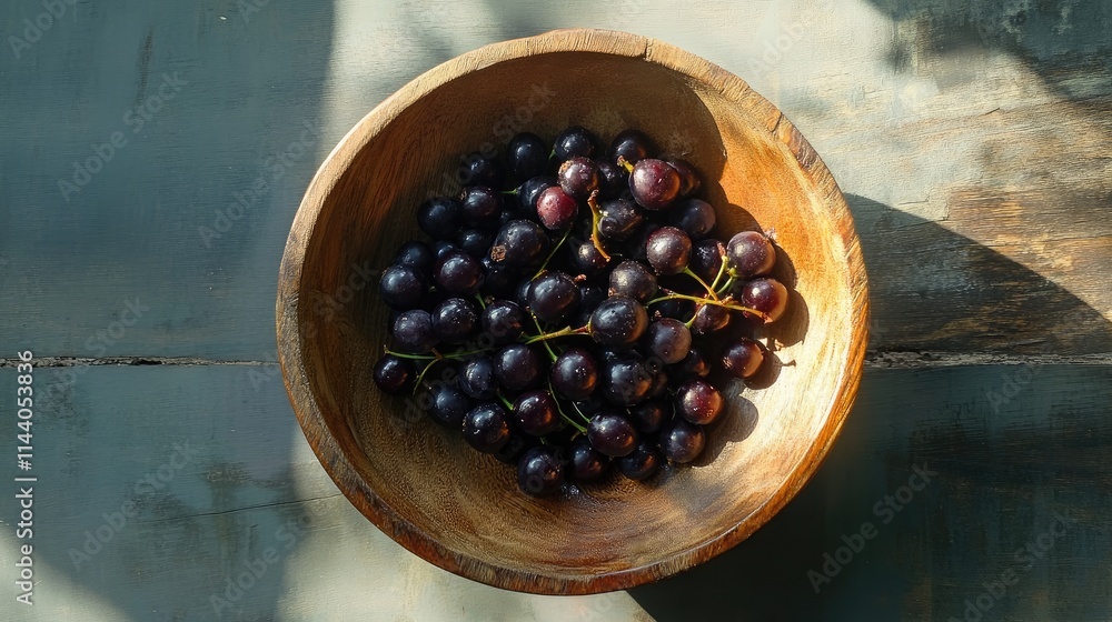 Aufkleber freshly harvested black chokeberries displayed in a rustic wooden bowl captured from a top view on a
