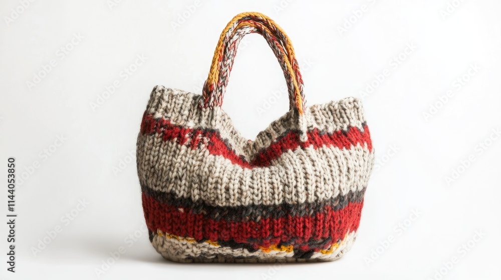 Poster handmade knitted bag with colorful patterns displayed on a clean white background showcasing artisan