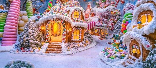 Fototapeta premium Whimsical gingerbread candy house adorned with vibrant sweets and snow showcasing a magical Christmas wonderland scene