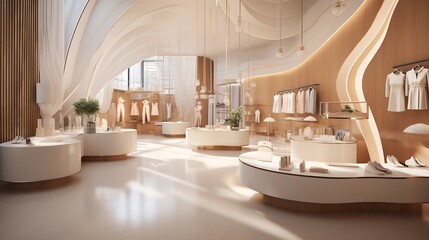 Cutting edge fashion retail interior design featuring bright modern decor and innovative lighting solutions to create an inviting and visually appealing shopping experience for consumers