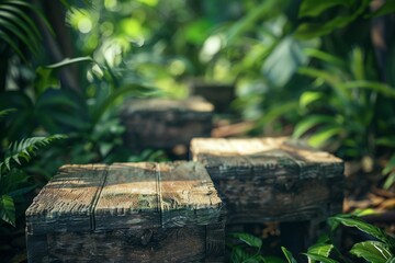 Obraz premium Wooden cube podium set in tropical forest with natural walkway arch for product display showcase