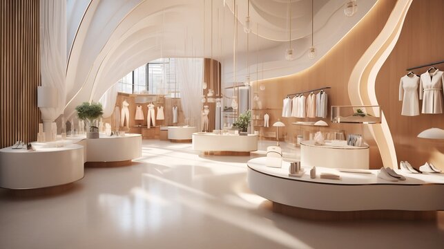 Cutting edge fashion retail interior design featuring bright modern decor and innovative lighting solutions to create an inviting and visually appealing shopping experience for consumers