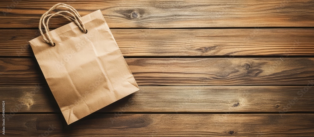 Poster decorative brown paper bag on rustic wooden background empty space for custom text or branding creat