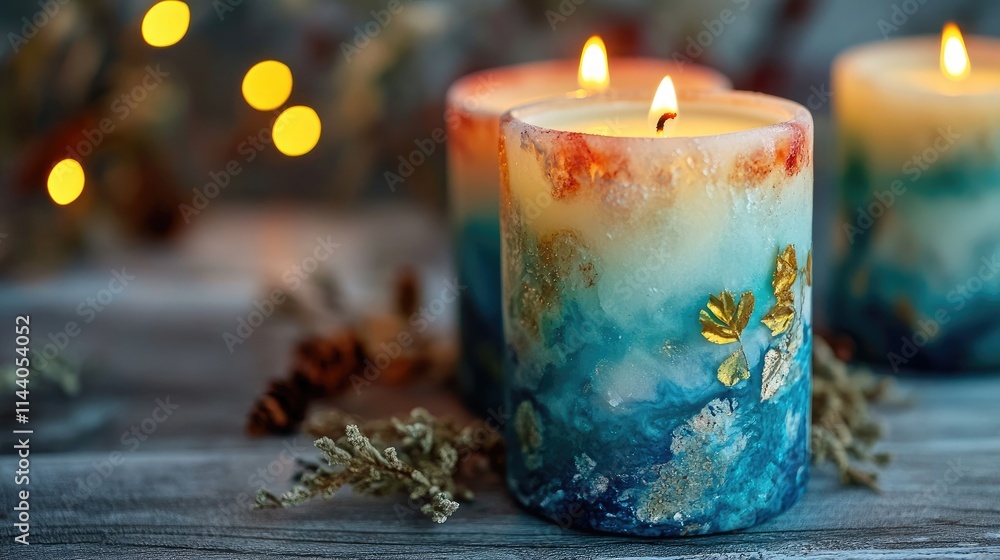 Poster handcrafted colorful candles with warm glow and decorative elements on rustic wooden table backgroun