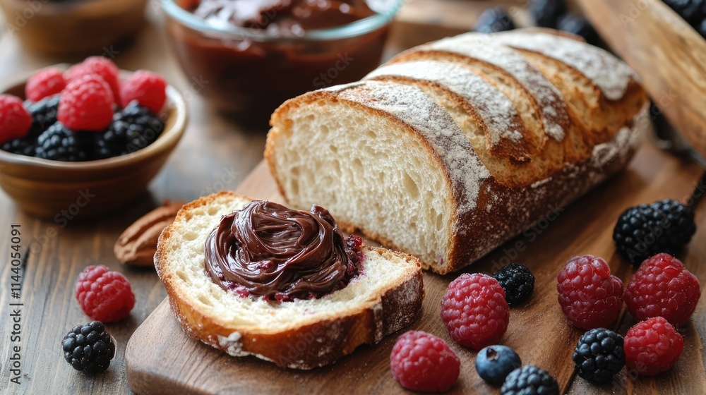 Poster Freshly sliced bread with chocolate spread and assorted berries on a rustic wooden table for a delicious breakfast setting.