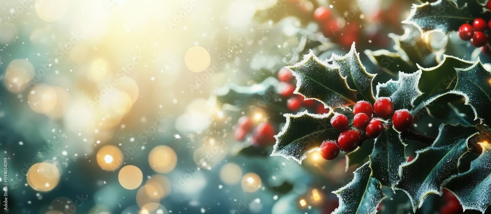 Aufkleber holly tree branches adorned with red berries frost and snow softly illuminated by glowing lights sho