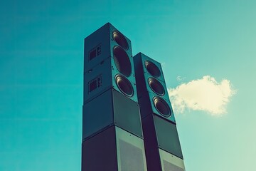 Towering stack of powerful speakers against a dramatic sky, exuding energy and force.