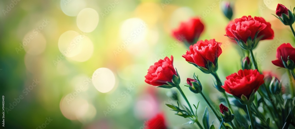Poster vibrant red and green carnations with a soft blurred background creating an ideal composition for te