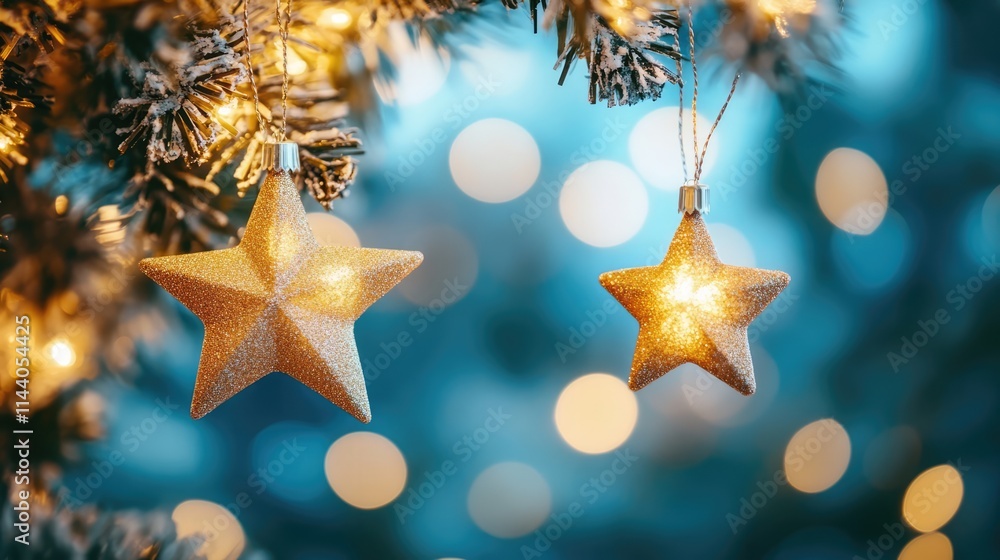 Poster golden bokeh lights with sparkling stars on a festive tree creating a magical atmosphere for celebra