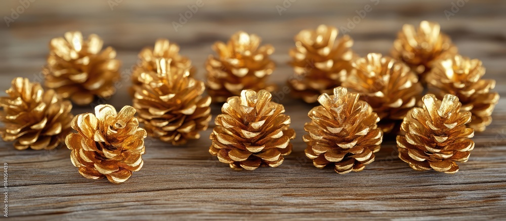 Poster golden pine cones arranged on an aged wooden table creating a rustic and festive decorative backdrop