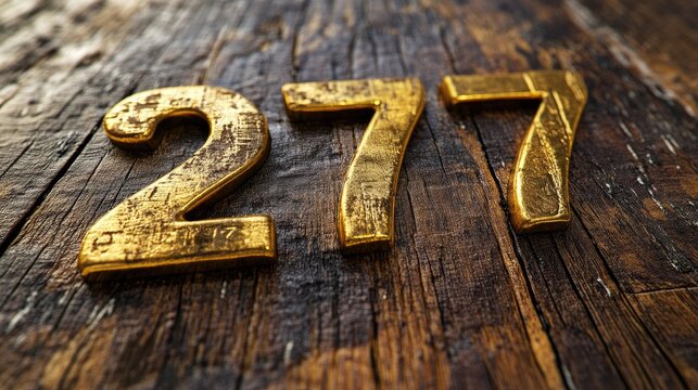 Gold numerals 277 displayed on a rustic wooden background highlighting texture and detail for creative projects and design use.