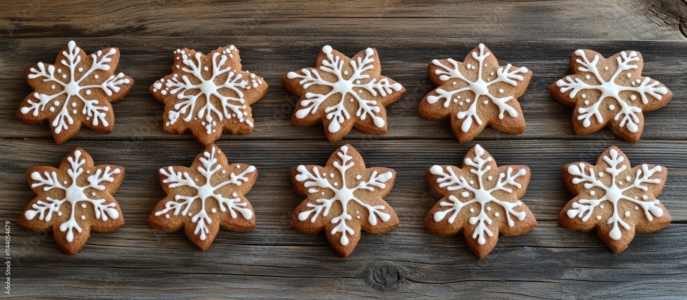 Aufkleber iced gingerbread snowflake cookies arranged on a rustic wooden surface with a retro tone capturing f