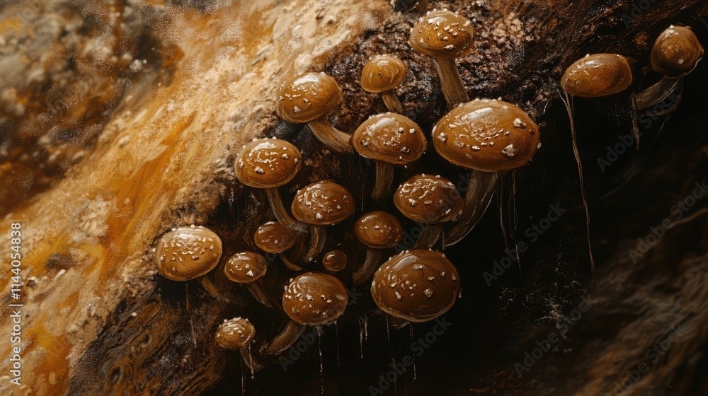 Poster cluster of fresh brown mushrooms growing on a log in a forest setting with vibrant earthy tones and 