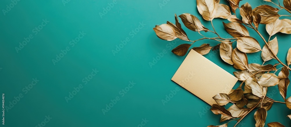 Poster golden branch with blank card on teal background creating an elegant presentation for invitations or