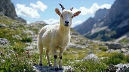 Obraz premium Mountain Goat Standing on Rocky Terrain in Scenic Landscape with Blue Sky and Clouds