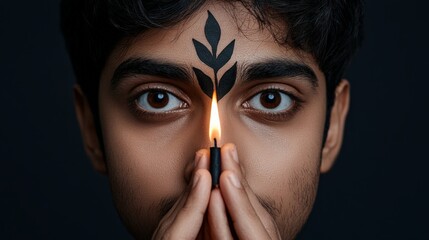 Intriguing Gaze: A captivating portrait of a young man with a lit candle held to his forehead, creating a mesmerizing visual of faith, devotion, and spirituality.