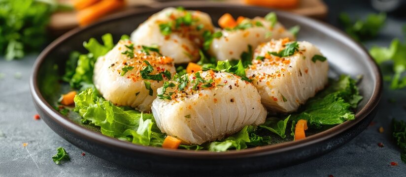 Traditional gefilte fish garnished with fresh herbs, carrots, and lettuce served on a plate for festive celebrations and cultural cuisine.