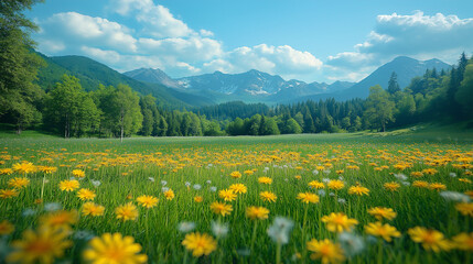 Fototapeta premium grass field at morning with flowers and insects