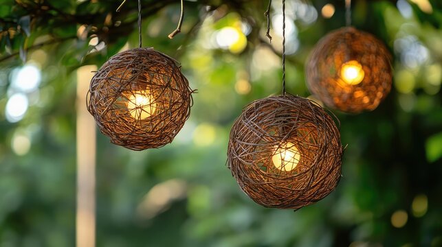 Decorative abaca light lanterns creating a warm ambience in a lush garden setting with selective focus and ample copy space. Portrait orientation.
