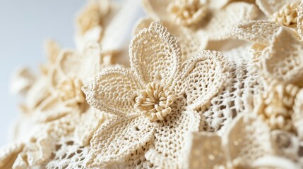 Delicate handmade crochet lace floral design showcasing intricate details and craftsmanship in light-colored yarn.