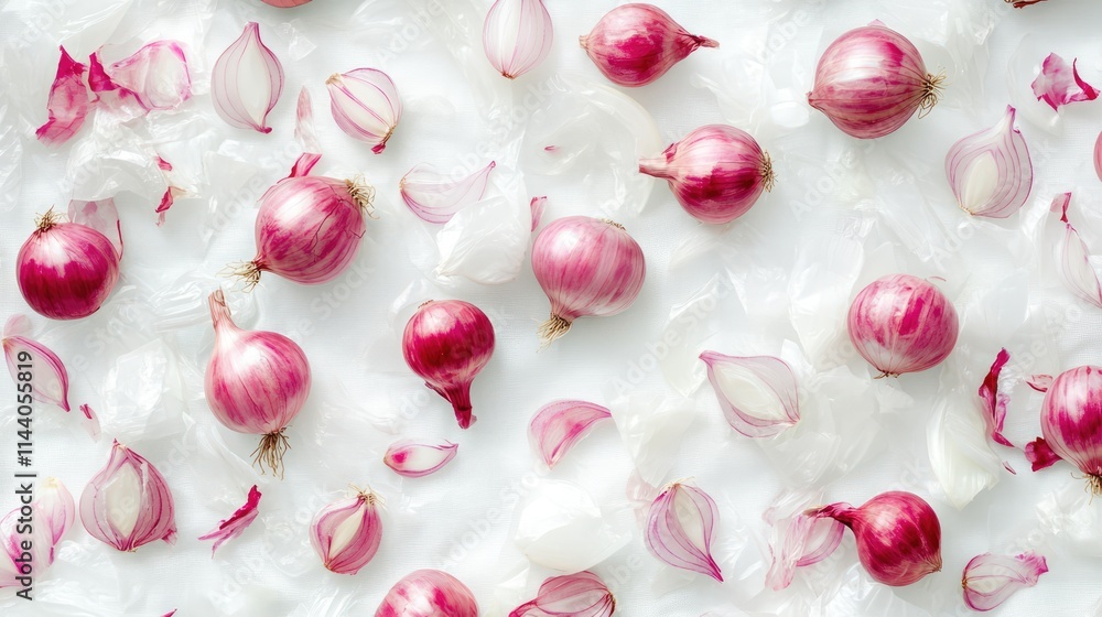 Poster fresh red onion bulbs and slices scattered on a white background showcasing their vibrant color and 