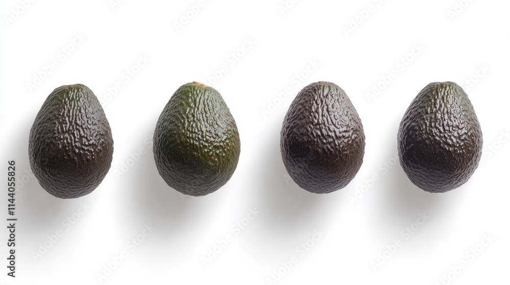 Poster Avocado fruits arranged in a row on a clean white background showcasing their rich texture and color for culinary and health designs
