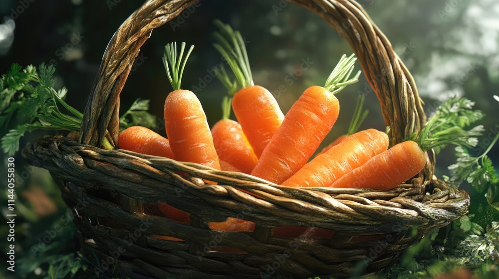 Poster vibrant carrots displayed in a rustic woven basket surrounded by lush greenery and soft lighting sho