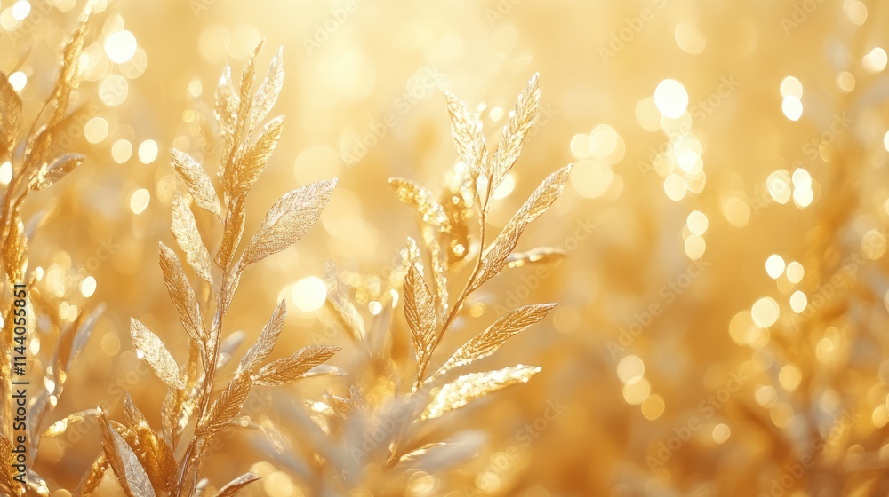 Poster golden abstract background featuring shimmering yellow bokeh lights and blurred foliage creating a w