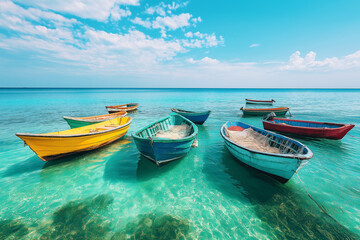Naklejka premium Colorful boats dotting the tranquil waters of a small fishing community. Generative AI