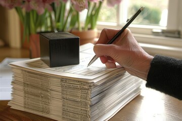 Office environment highlighting grant approval stamp on papers with individual completing form