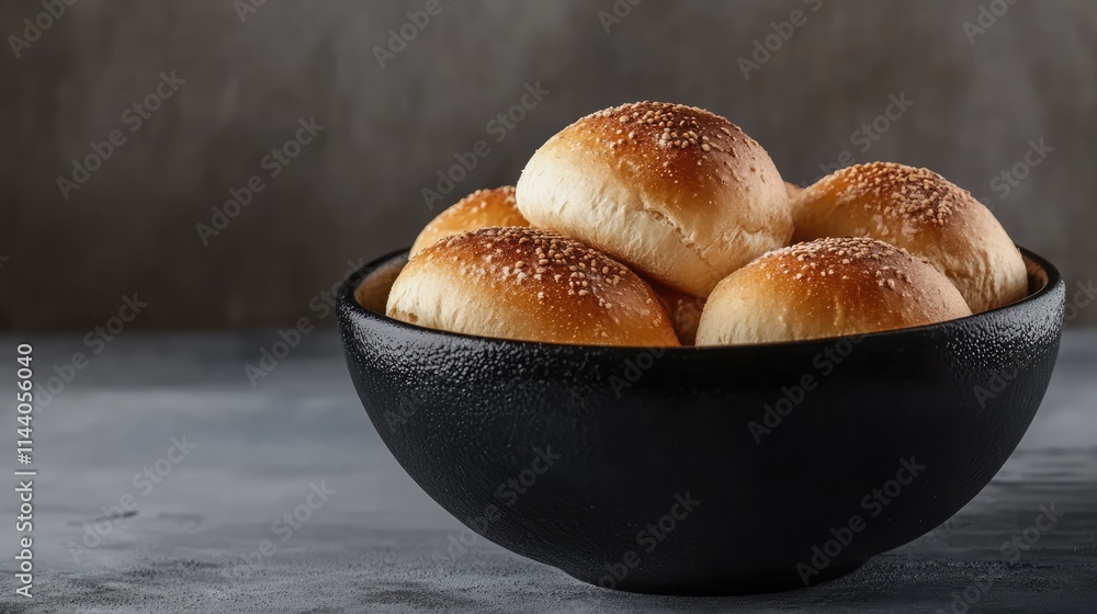 Poster Freshly baked bread rolls in a black bowl arranged elegantly on a rustic table with a textured gray background for warm culinary presentation.