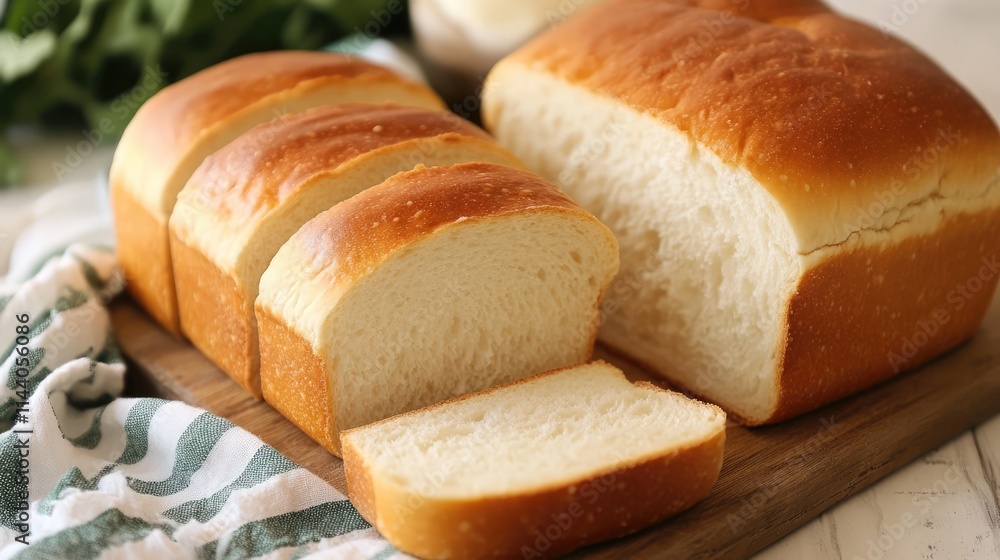 Poster sliced fresh bread on rustic wooden table showcasing soft crust and fluffy interior perfect for bake