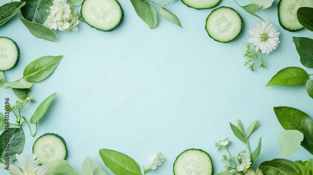 Poster Sliced cucumbers surrounded by fresh leaves and flowers on a soft blue background for a refreshing and natural presentation