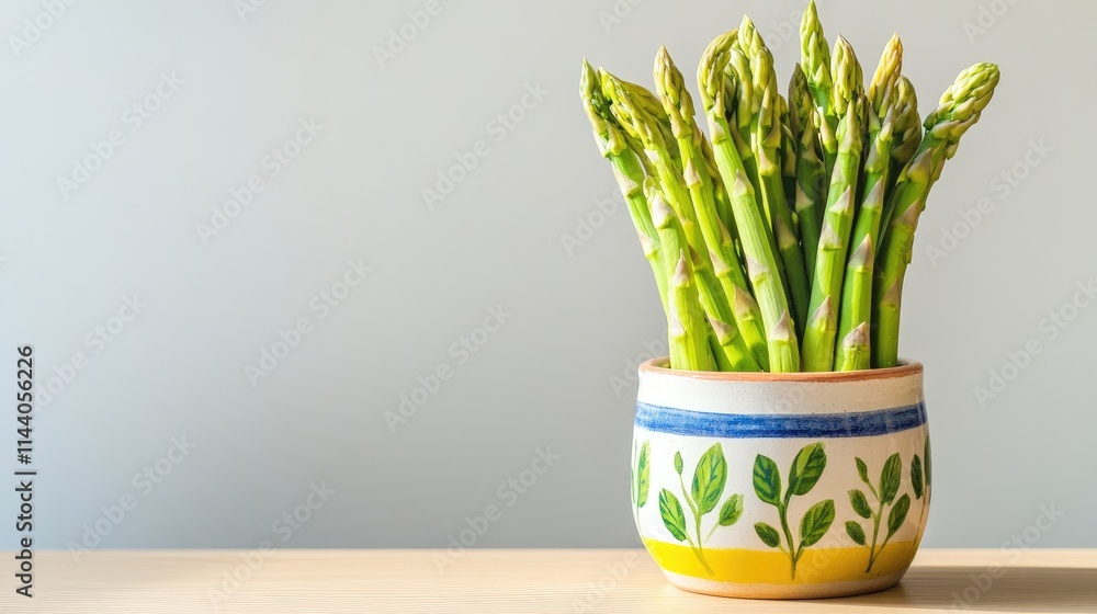 Poster fresh asparagus displayed in a decorative pot on a wooden table against a light backdrop highlightin