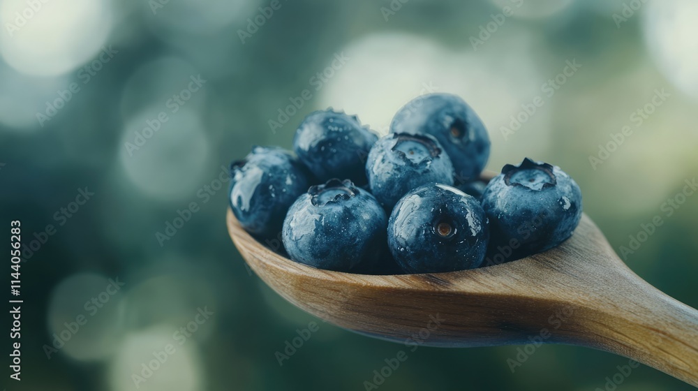 Poster fresh blueberries on a wooden spoon with selective focus showcasing vibrant colors and a blurred bac