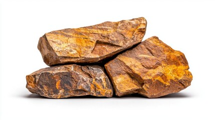 A photostock of rugged rock formations in natural tones, isolated on a clean white background, dramatic and earthy, High Quality