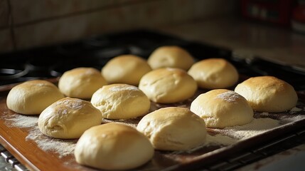 Fototapeta premium Homemade fresh baked buns resting on a wooden surface ready for baking in a cozy kitchen setting