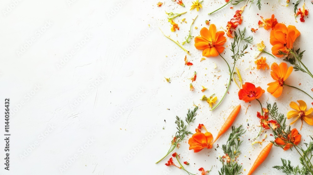 Aufkleber vibrant fresh carrots and colorful flowers arranged on white background creating a lively and natura